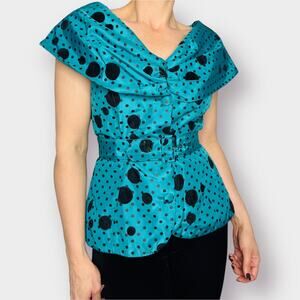 80s French Action Teal Polka Dot Blouse‎